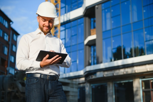 Ingeniero junto a la construcción de grúas. Concepto - gran proyecto de construcción. El arquitecto dirige el proceso de construcción. Dibujos y tableta en las manos.