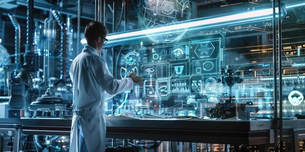 Ingeniero en laboratorio de alta tecnología con dispositivos de proyección de hologramas de IA AIG60