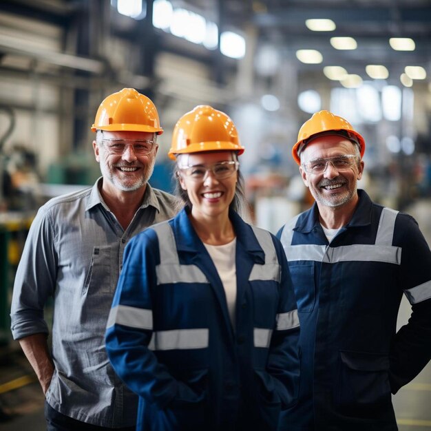 Foto ingeniero maduro feliz y colegas que trabajan en la fábrica