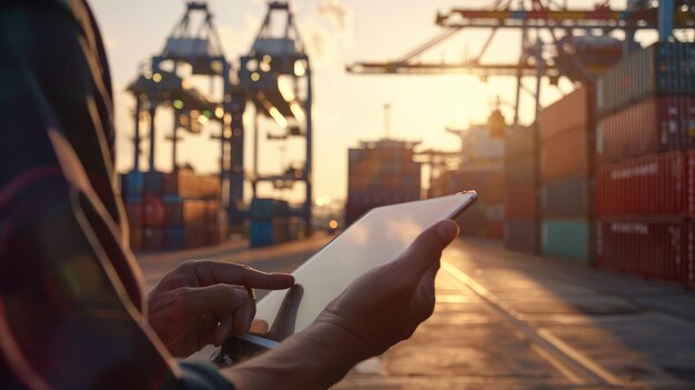 Ingeniero con la mano usando una tableta en un puerto ocupado Tecnología digital en la logística global