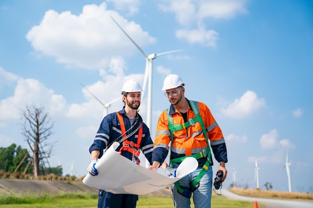 Ingeniero de mantenimiento de aerogeneradores en el sitio de construcción del parque eólico