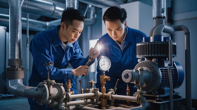 Ingeniero de mantenimiento asiático comprobando los datos técnicos del equipo del sistema, la bomba de agua del condensador y el pr