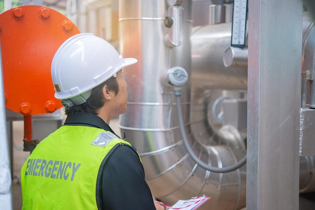 Ingeniero de mantenimiento asiático en el sistema de gestión de aguas residuales de una gran fábrica Mantenimiento comprobando los datos técnicos de los equipos del sistema de calefacción Gente tailandesa