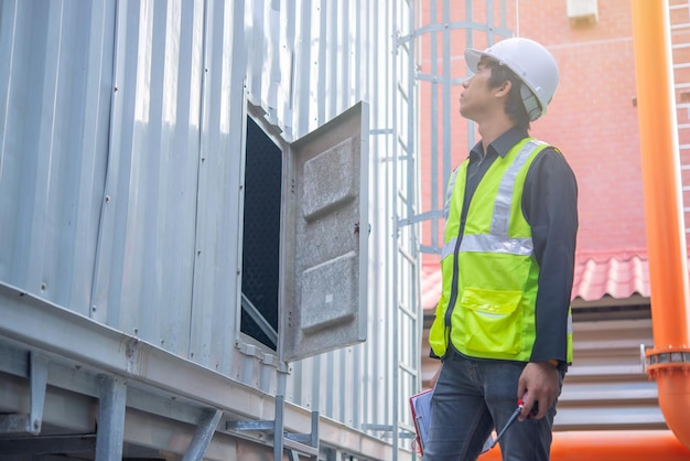 Ingeniero de mantenimiento asiático en el sistema de gestión de aguas residuales de una gran fábrica Mantenimiento comprobando los datos técnicos de los equipos del sistema de calefacción Gente tailandesa