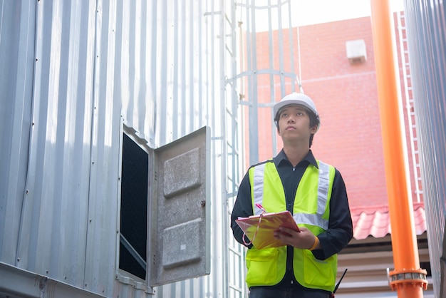 Ingeniero de mantenimiento asiático en el sistema de gestión de aguas residuales de una gran fábrica Mantenimiento comprobando los datos técnicos de los equipos del sistema de calefacción Gente tailandesa