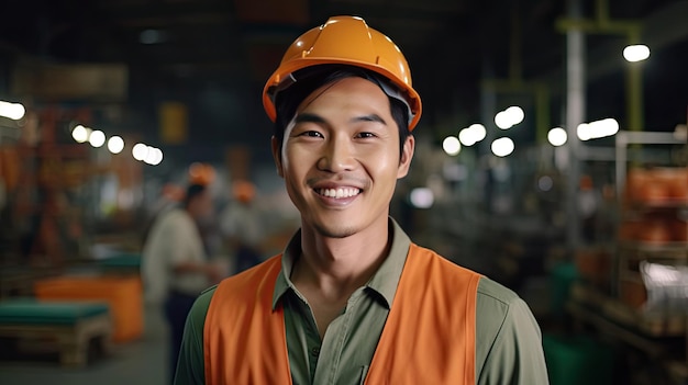 Ingeniero masculino asiático en chaleco de seguridad y casco profesional asiático que trabaja en la fábrica de fabricación moderna Ai generativo