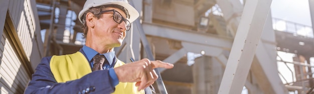 Ingeniero masculino con documentos que apuntan a algo en la fábrica.