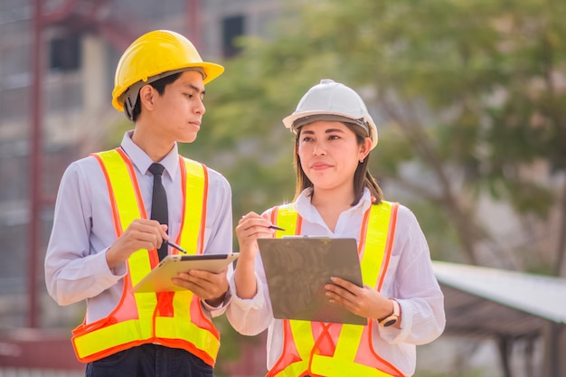 Ingeniero masculino y femenino de pie hablando sobre los antecedentes del proyecto de construcción