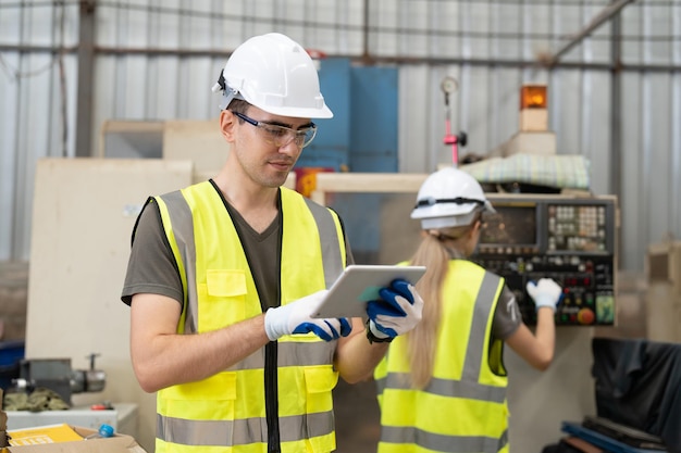 Ingeniero masculino que usa tableta trabajando con maquinaria CNC en fábrica Industrial