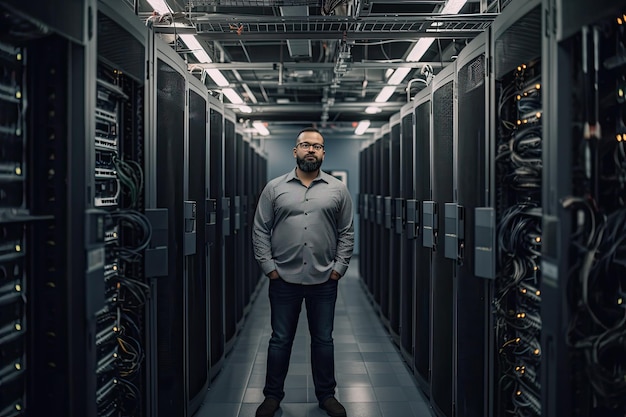 Ingeniero masculino en la sala de servidores Mantenimiento del centro de datos IA generativa