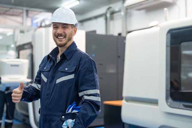 Foto ingeniero masculino sonriente de pie con los pulgares levantados despertando y operador de máquina cnc en la fábrica