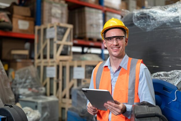 Foto ingeniero masculino con tableta comprobando el producto para preparar el envío al cliente en la fábrica del almacén