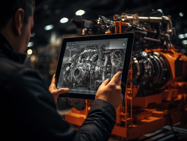 Ingeniero masculino con una tableta de computadora Diseña un motor en una aplicación de realidad aumentada