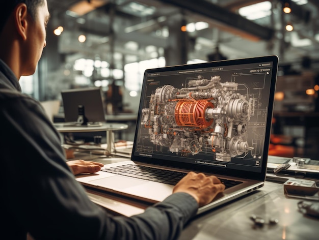 Ingeniero masculino con una tableta de computadora Diseña un motor en una aplicación de realidad aumentada