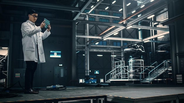 Ingeniero masculino utiliza una tableta mientras trabaja en una instalación industrial en una fábrica Científico utiliza software de realidad aumentada Espacio vacío dejado para plantilla de maquillaje para VFX