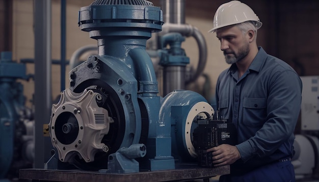 Ingeniero mecánico Inspección de bombas centrífugas en la sala de bombas Trabajador de IA generativa en la sala de máquinas