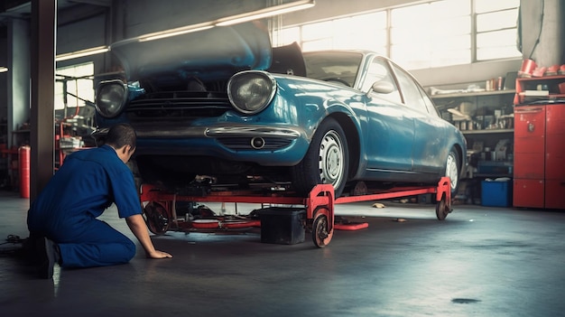 Ingeniero mecánico masculino senior que trabaja en vehículos en el servicio de automóviles Técnico especialista en reparación