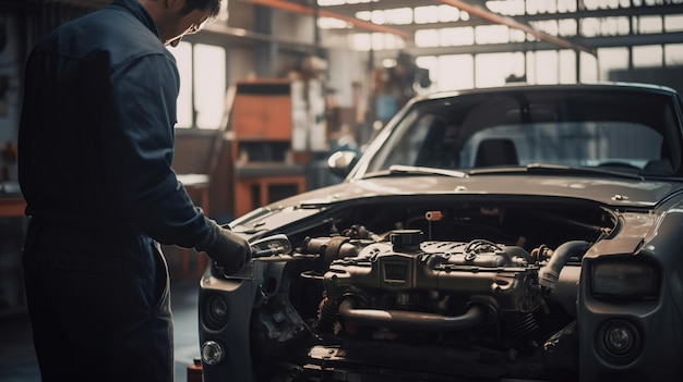 Ingeniero mecánico masculino senior que trabaja en vehículos en el servicio de automóviles Técnico especialista en reparación