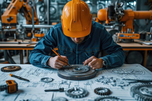 Ingeniero mecánico que trabaja con máquinas y engranajes y planos de IA generativa