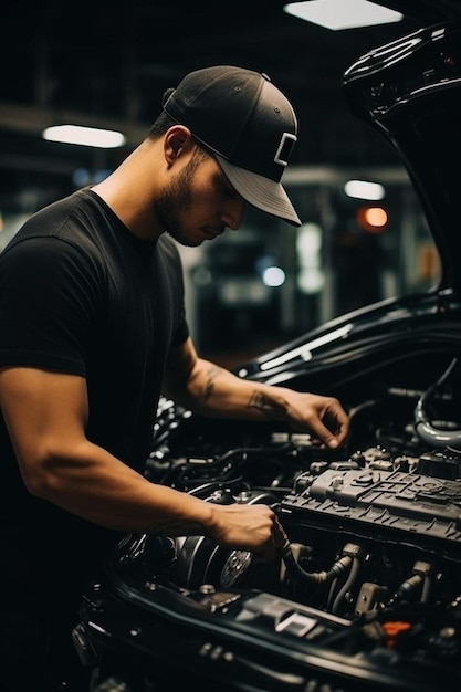 el ingeniero de mecatrónica automotriz está en la reparación o inspección de la parte inferior del coche