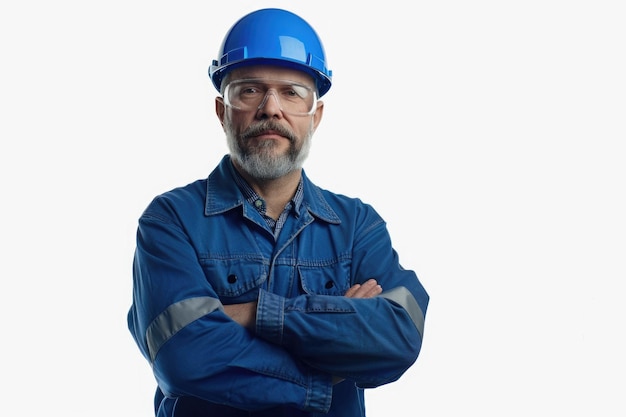 Foto ingeniero de mediana edad con casco azul de pie con los brazos cruzados