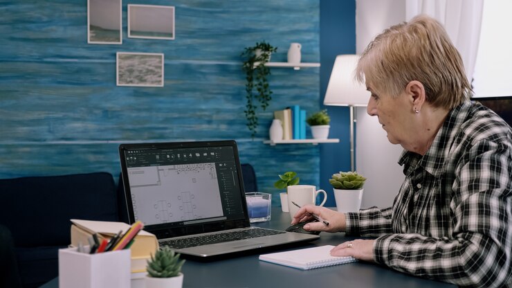 Foto ingeniero de mediana edad trabajando con planos arquitectónicos software cad en el diseñador de computadora portátil ...