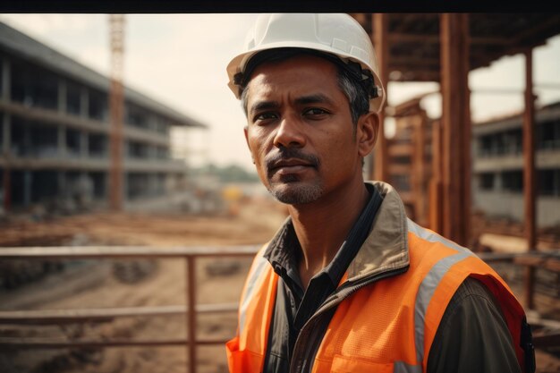 Foto ingeniero mira hacia adelante con casco de protección y traje de seguridad con antecedentes de construcción de edificios