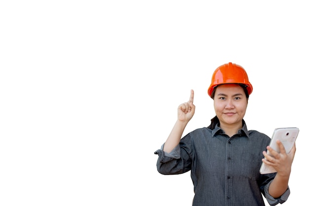 Ingeniero mujer vistiendo uniforme y trabajo de inspección de casco de seguridad