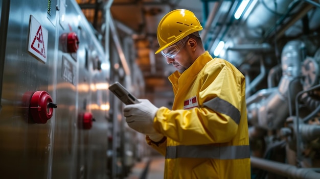 Foto ingeniero nuclear midiendo la radiación con un contador geiger en una zona peligrosa