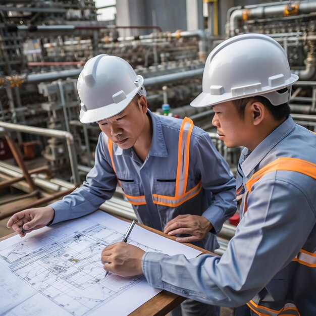 Foto ingeniero o arquitecto capataz con casco de seguridad sosteniendo una computadora portátil y planos para inspeccionar los detalles de la construcción en un nuevo sitio de construcción de bienes raíces con grúa y equipos mecánicos