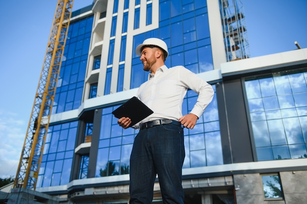 Ingeniero o arquitecto exitoso, construcción de grúas y edificios en backgrpound. Alegre, hombre de negocios, llevando, casco