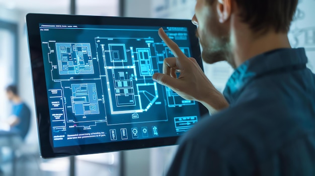 Ingeniero o arquitecto masculino que utiliza una interfaz futurista de realidad aumentada para examinar y modificar planes de edificios 3D