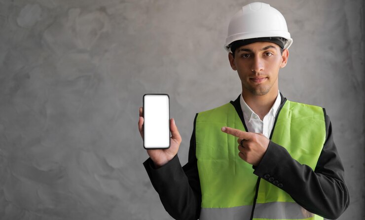 Foto ingeniero o constructor árabe sonriente con casco blanco y en general mostrando teléfono inteligente con pantalla vacía sobre fondo gris profesión construcción y construcción