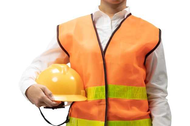 Foto ingeniero o técnico asiático con casco de seguridad y chaleco reflectante