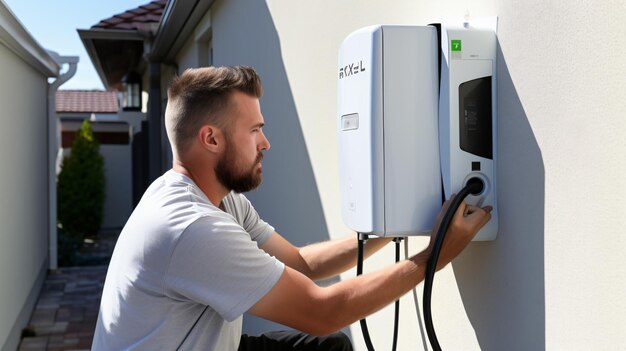 Ingeniero o técnico instala el cargador de electricidad en el hogar