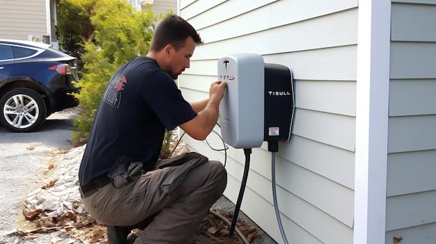 Ingeniero o técnico instala el cargador de electricidad en el hogar