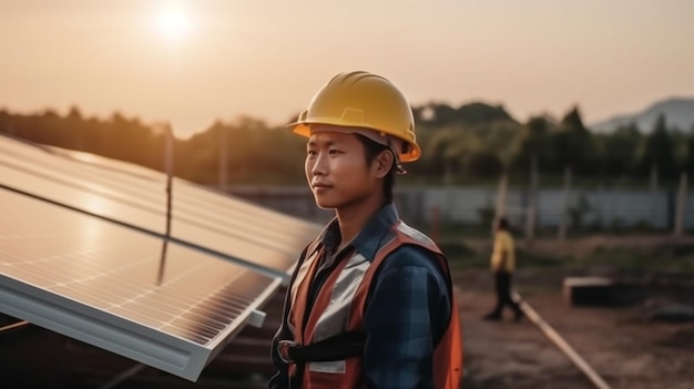 Ingeniero y panel solar en construcción para energías renovables.