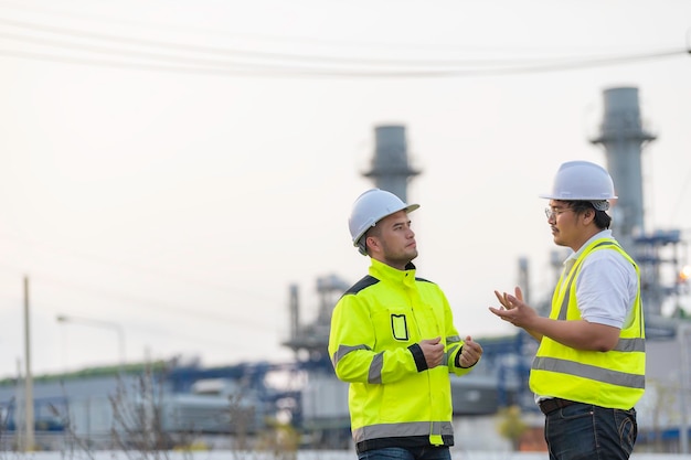 Ingeniero petroquímico del hombre asiático del grupo que trabaja en la fábrica de la industria de la planta de la refinería de petróleo y gas