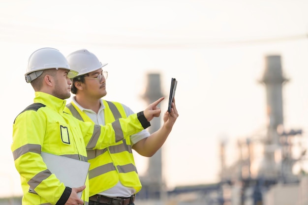 Ingeniero petroquímico del hombre asiático del grupo que trabaja en la fábrica de la industria de la planta de la refinería de petróleo y gas