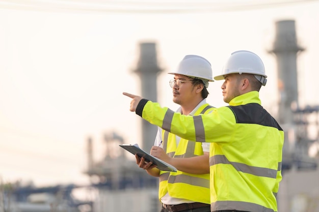 Ingeniero petroquímico del hombre asiático del grupo que trabaja en la fábrica de la industria de la planta de la refinería de petróleo y gas