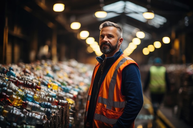 Ingeniero de pie y mirando hacia atrás La botella de plástico en la industria de reciclaje