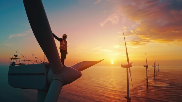 Ingeniero de pie en la parte superior de la turbina eólica en el mar al atardecer Trabajador realiza el mantenimiento del molino de viento en el océano en el fondo del cielo Concepto de desarrollo de energía