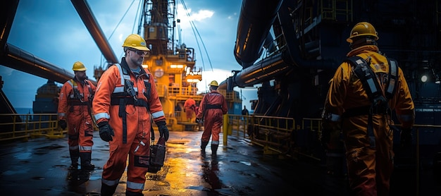 Ingeniero de pie en una plataforma de perforación de petróleo en medio del vasto mar trabajando para extraer recursos vitales generado con IA