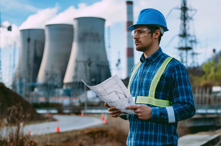 Ingeniero de plantas nucleares con planos