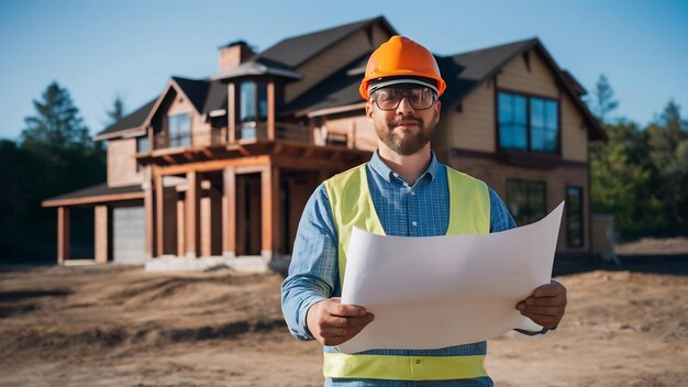 Foto ingeniero profesional arquitecto trabajador con casco protector y papel de planos en la construcción de la casa