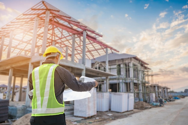 Foto ingeniero profesional arquitecto trabajador con casco protector y papel de planos en el sitio de construcción de una casa