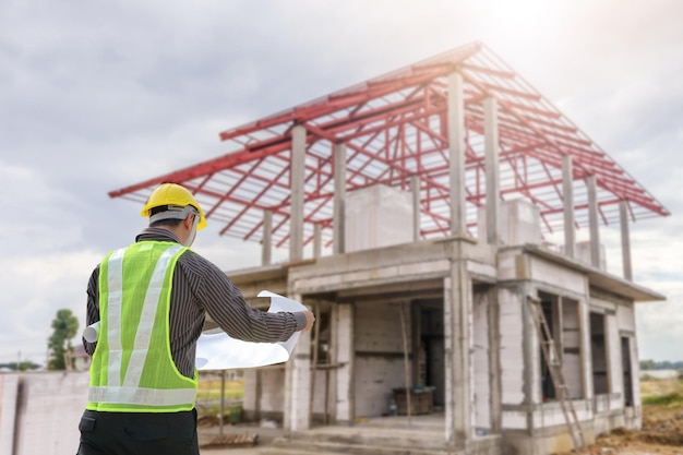 Ingeniero profesional en casco protector y papel de planos en el sitio de construcción de edificios de viviendas