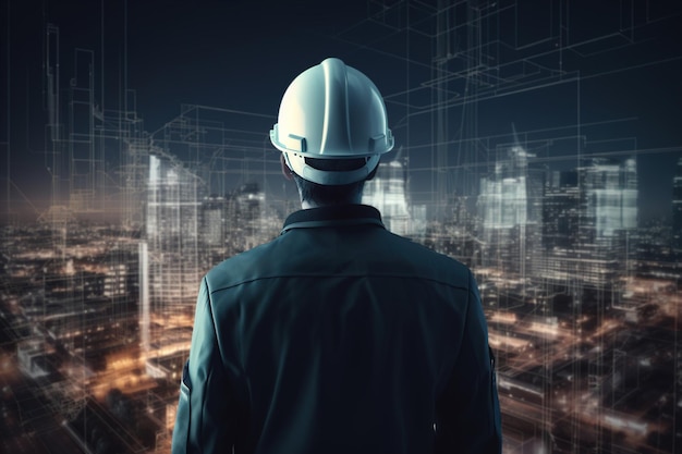 Ingeniero profesional en casco trabajando en planos para el desarrollo del primer plano del sitio de construcción Vista trasera del arquitecto masculino en el fondo de la ciudad nocturna y esquemas IA generativa