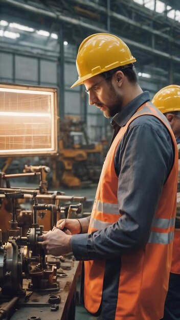 Ingeniero profesional caucásico masculino examina el progreso del flujo de trabajo y la revisión del sistema de maquinaria