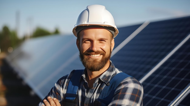 Ingeniero profesional de energía solar en una planta de energía sostenible